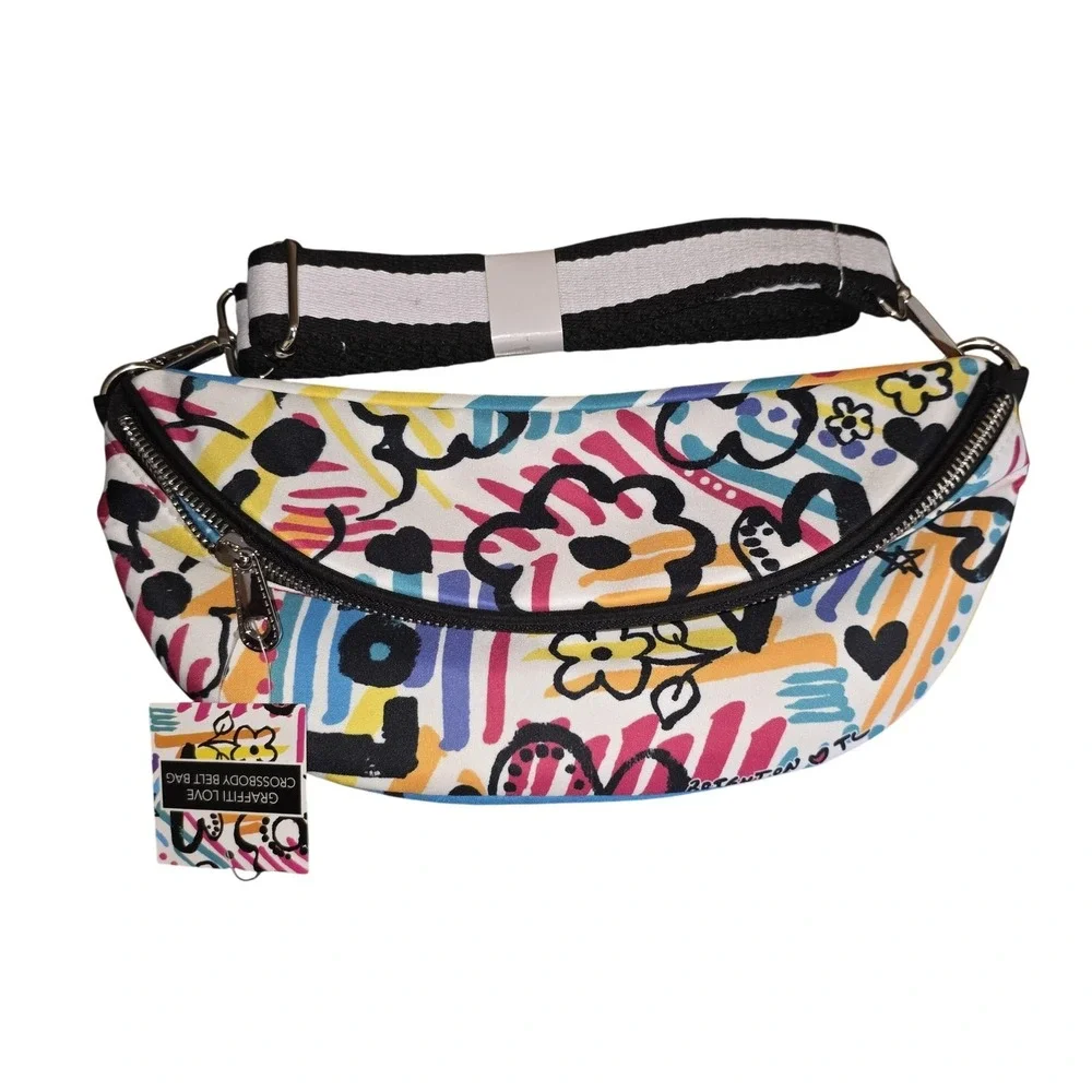 Brighton Graffiti Love Crossbody Belt Bag Womens Small Multicolor Canvas Travel